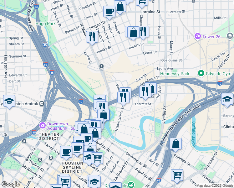 map of restaurants, bars, coffee shops, grocery stores, and more near 1109 Providence Street in Houston