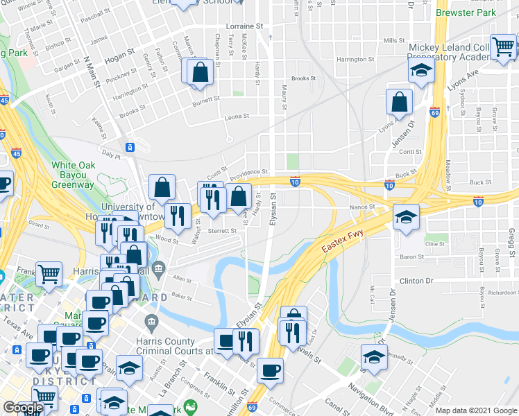 map of restaurants, bars, coffee shops, grocery stores, and more near 1702 Nance Street in Houston