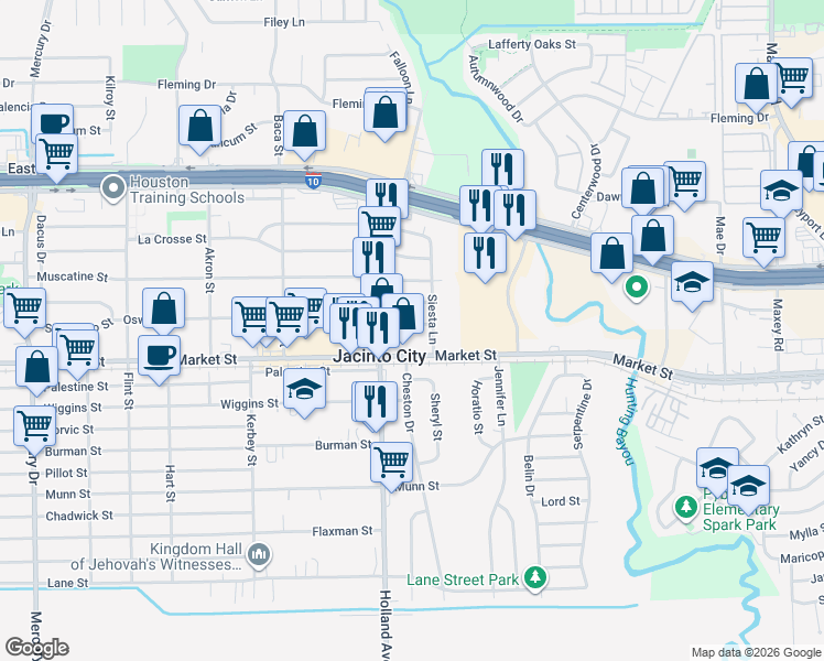 map of restaurants, bars, coffee shops, grocery stores, and more near 11213 Oswego Street in Houston