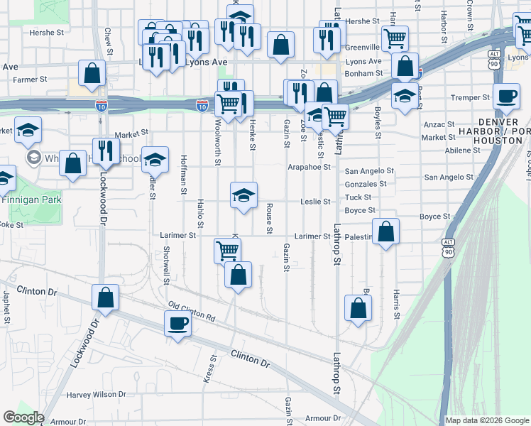 map of restaurants, bars, coffee shops, grocery stores, and more near 1106 Rouse Street in Houston