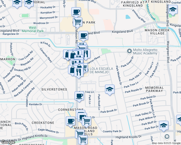 map of restaurants, bars, coffee shops, grocery stores, and more near 917 Mason Road in Katy