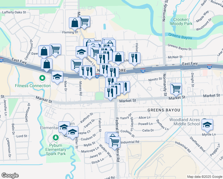 map of restaurants, bars, coffee shops, grocery stores, and more near 1124 Daisy Street in Houston