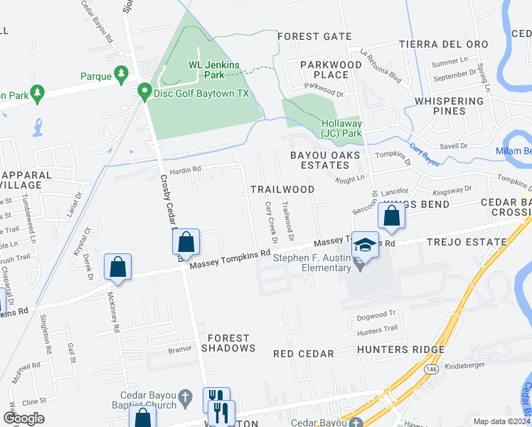 map of restaurants, bars, coffee shops, grocery stores, and more near 3907 Cary Creek Drive in Baytown