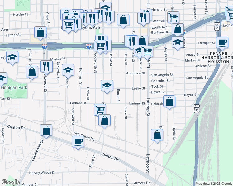 map of restaurants, bars, coffee shops, grocery stores, and more near 1106 Rouse Street in Houston