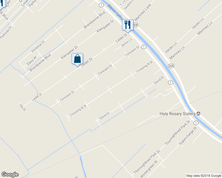 map of restaurants, bars, coffee shops, grocery stores, and more near Crossing North Street in Thibodaux