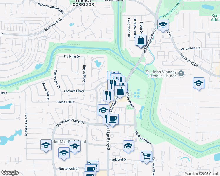 map of restaurants, bars, coffee shops, grocery stores, and more near 1112 Eldridge Parkway in Houston