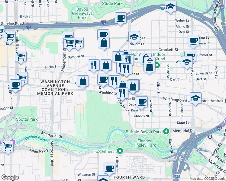 map of restaurants, bars, coffee shops, grocery stores, and more near 2417 Center Street in Houston
