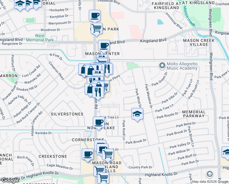 map of restaurants, bars, coffee shops, grocery stores, and more near 21751 Cimarron Parkway in Katy