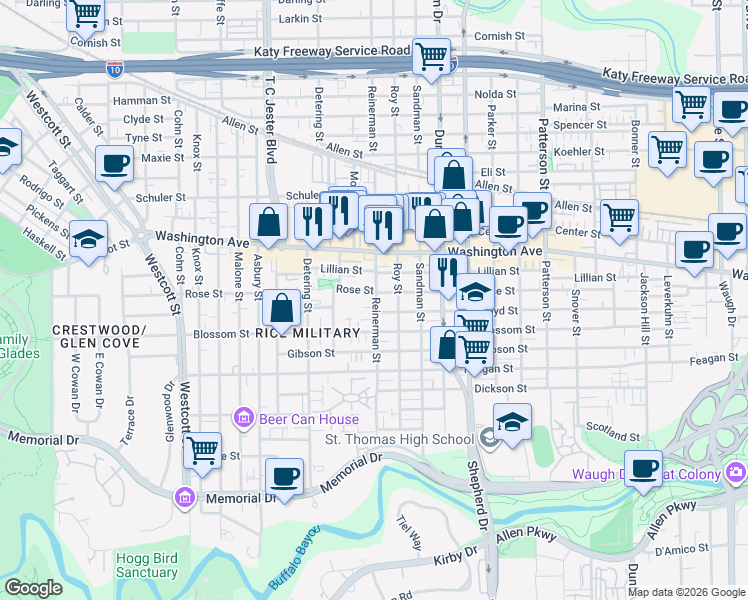 map of restaurants, bars, coffee shops, grocery stores, and more near 731 Reinerman Street in Houston