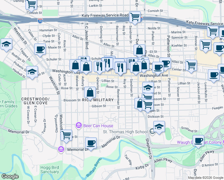 map of restaurants, bars, coffee shops, grocery stores, and more near 5225 Rose Street in Houston