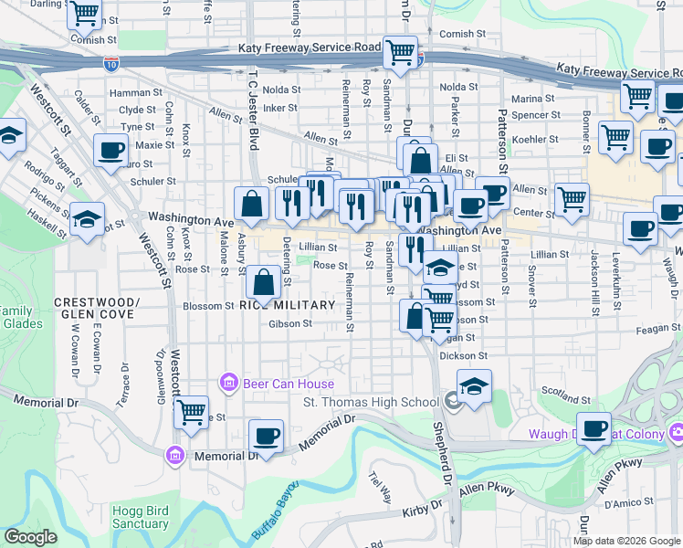 map of restaurants, bars, coffee shops, grocery stores, and more near 731 Reinerman Street in Houston