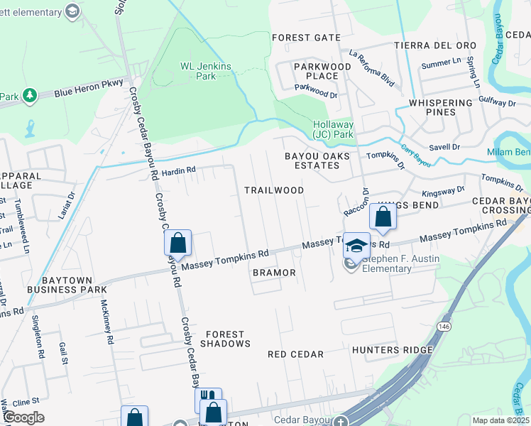 map of restaurants, bars, coffee shops, grocery stores, and more near 3709 Trailwood Drive in Baytown