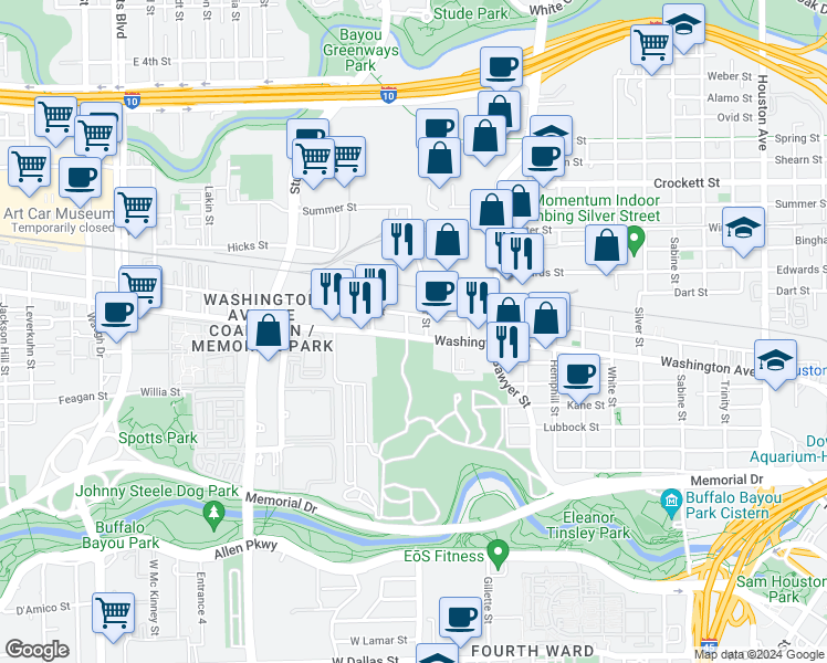map of restaurants, bars, coffee shops, grocery stores, and more near 2526 Washington Avenue in Houston