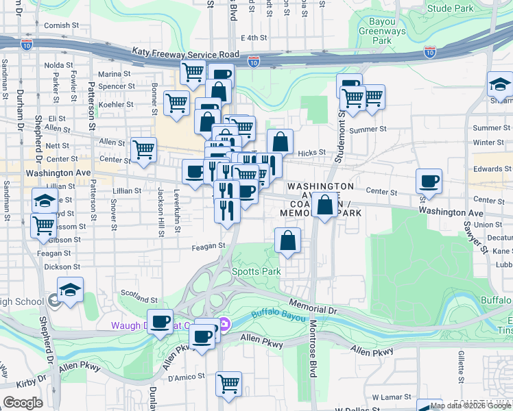 map of restaurants, bars, coffee shops, grocery stores, and more near 3663 Washington Avenue in Houston