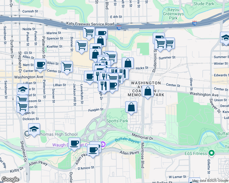 map of restaurants, bars, coffee shops, grocery stores, and more near in Houston