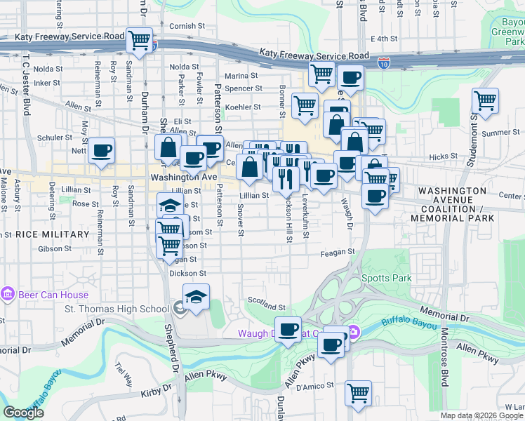 map of restaurants, bars, coffee shops, grocery stores, and more near 816 Olive Street in Houston
