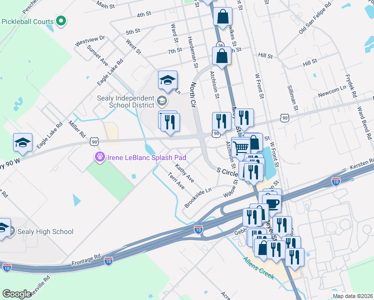 map of restaurants, bars, coffee shops, grocery stores, and more near 719 Roosevelt Street in Sealy