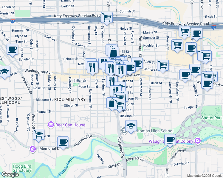 map of restaurants, bars, coffee shops, grocery stores, and more near 4817 Rose Street in Houston