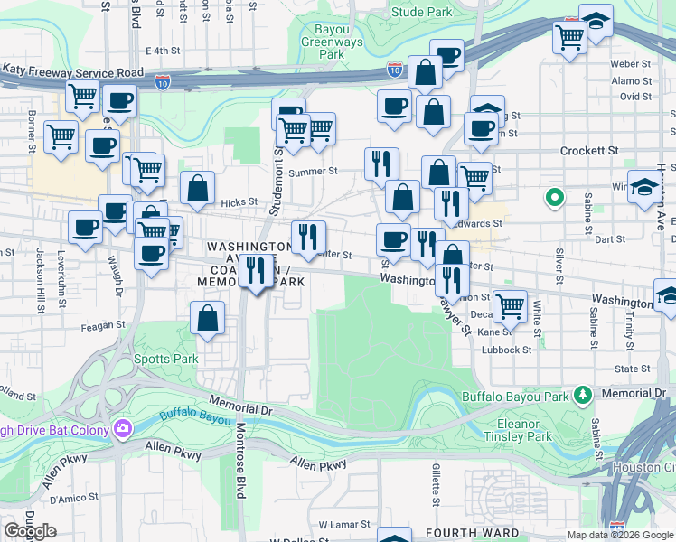 map of restaurants, bars, coffee shops, grocery stores, and more near 2802 Washington Ave in Houston