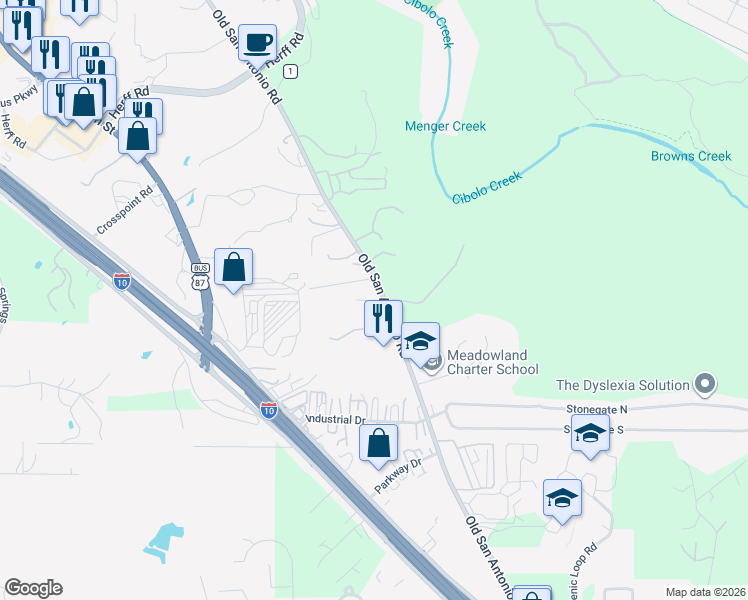 map of restaurants, bars, coffee shops, grocery stores, and more near 114 Old San Antonio Road in Boerne