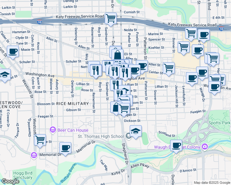 map of restaurants, bars, coffee shops, grocery stores, and more near 4817 Rose Street in Houston