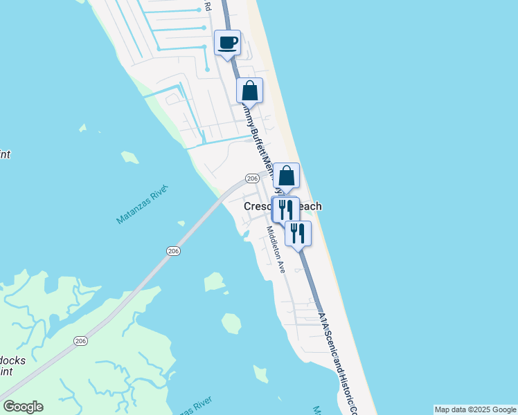 map of restaurants, bars, coffee shops, grocery stores, and more near 6875 Middleton Avenue in St. Augustine