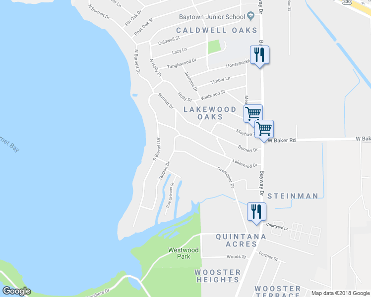 map of restaurants, bars, coffee shops, grocery stores, and more near 332 Greenbriar Street in Baytown