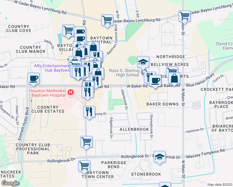 map of restaurants, bars, coffee shops, grocery stores, and more near 901 West Baker Road in Baytown