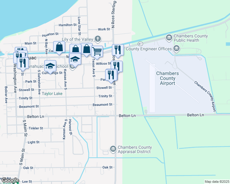 map of restaurants, bars, coffee shops, grocery stores, and more near 1310 Stowell Street in Anahuac