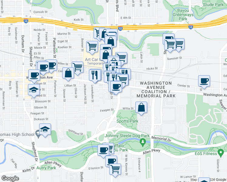map of restaurants, bars, coffee shops, grocery stores, and more near 20 Waugh Drive in Houston
