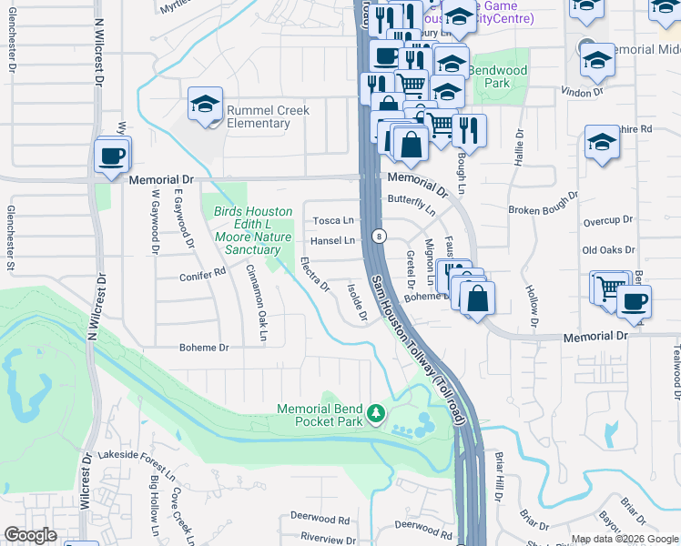 map of restaurants, bars, coffee shops, grocery stores, and more near 12907 Traviata Drive in Houston