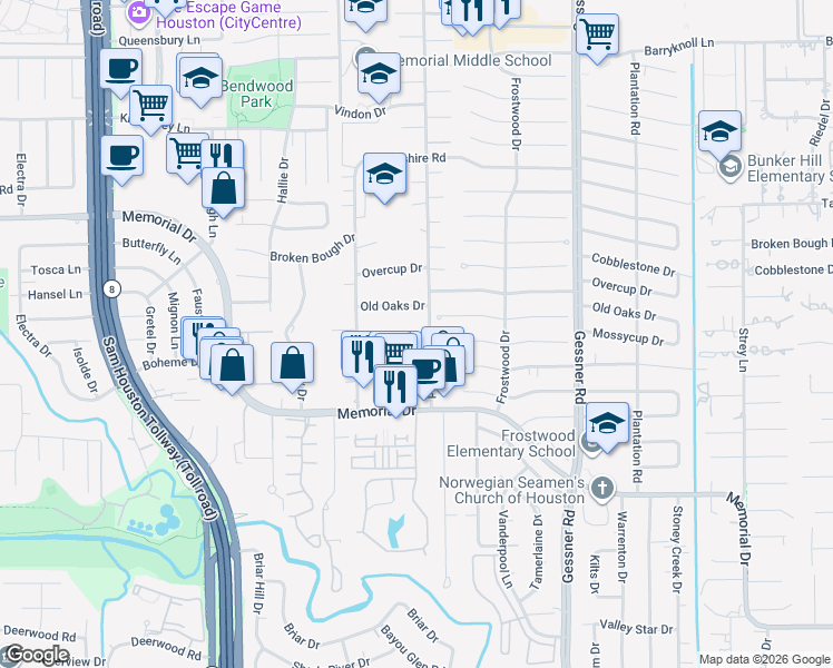 map of restaurants, bars, coffee shops, grocery stores, and more near 12518 Mossycup Drive in Houston