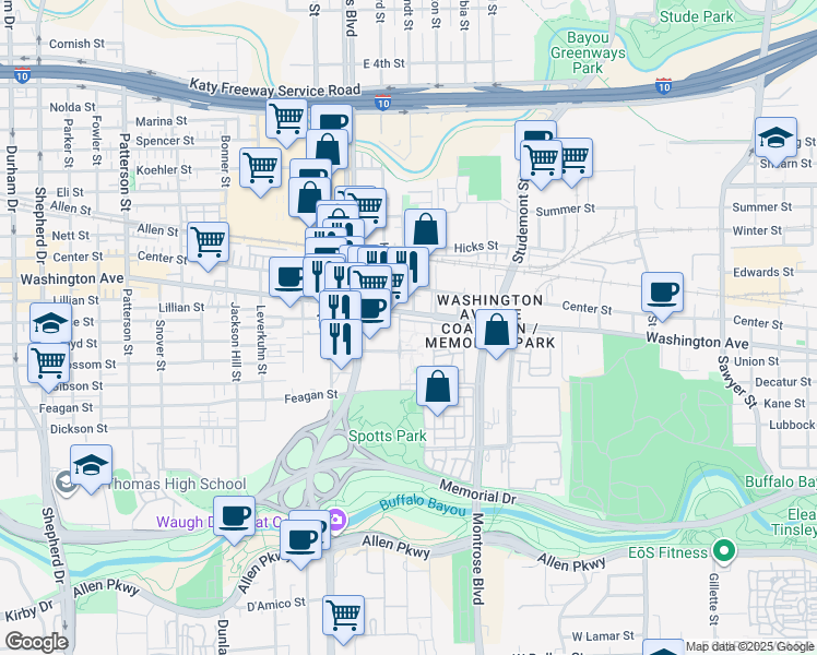 map of restaurants, bars, coffee shops, grocery stores, and more near 3663 Washington Avenue in Houston