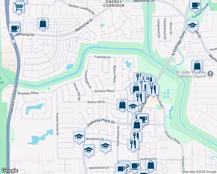 map of restaurants, bars, coffee shops, grocery stores, and more near 13715 Bayou Parkway Court in Houston