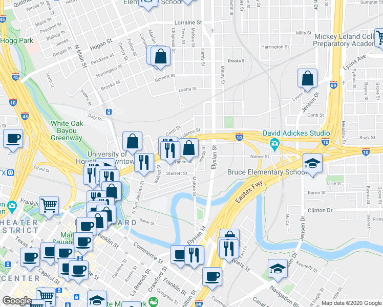 map of restaurants, bars, coffee shops, grocery stores, and more near 909 McKee Street in Houston