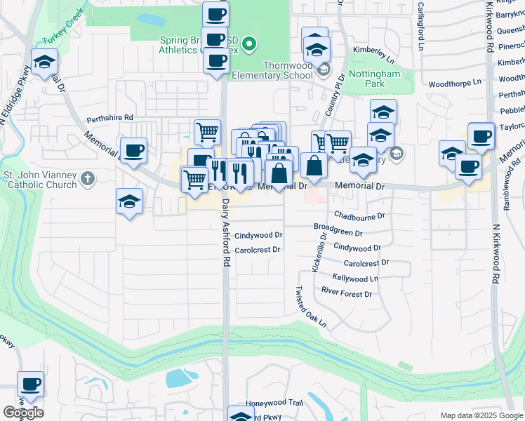 map of restaurants, bars, coffee shops, grocery stores, and more near 14523 Chadbourne Dr in Houston