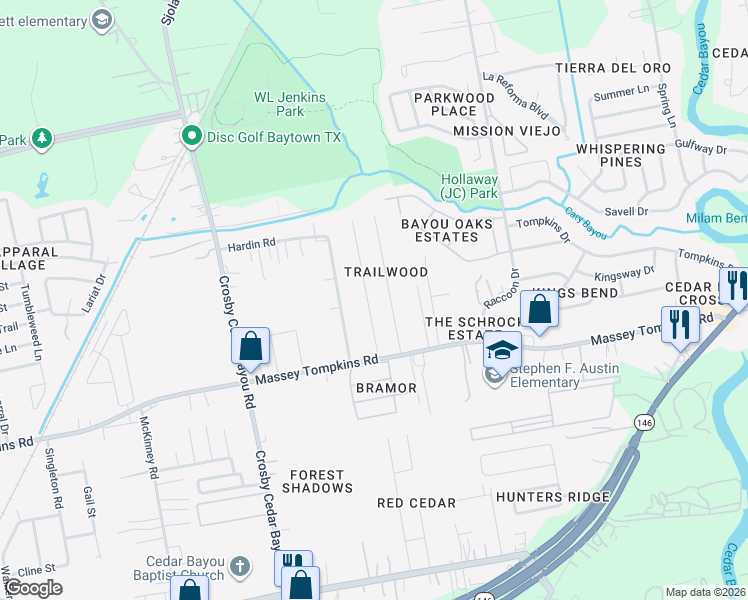 map of restaurants, bars, coffee shops, grocery stores, and more near 3910 Cary Creek Drive in Baytown