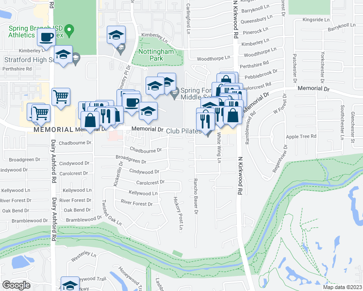 map of restaurants, bars, coffee shops, grocery stores, and more near 14206 Chadbourne Drive in Houston
