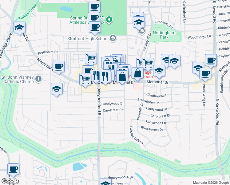 map of restaurants, bars, coffee shops, grocery stores, and more near 14523 Chadbourne Drive in Houston