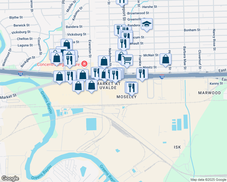 map of restaurants, bars, coffee shops, grocery stores, and more near 13732 East Freeway in Houston