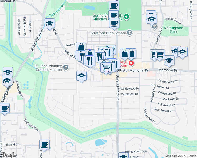 map of restaurants, bars, coffee shops, grocery stores, and more near 620 Chadbourne Court in Houston