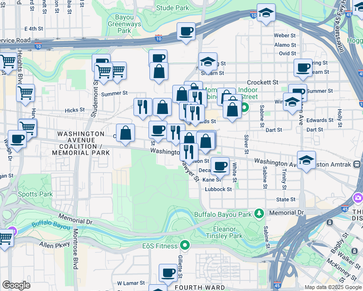map of restaurants, bars, coffee shops, grocery stores, and more near 2417 Center Street in Houston