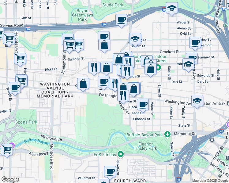 map of restaurants, bars, coffee shops, grocery stores, and more near 2417 Center Street in Houston
