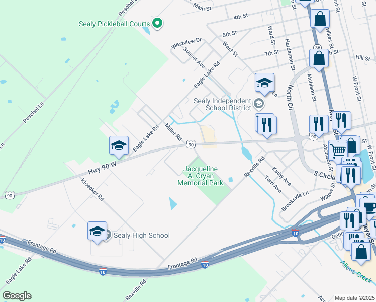 map of restaurants, bars, coffee shops, grocery stores, and more near 1315 Miller Road in Sealy