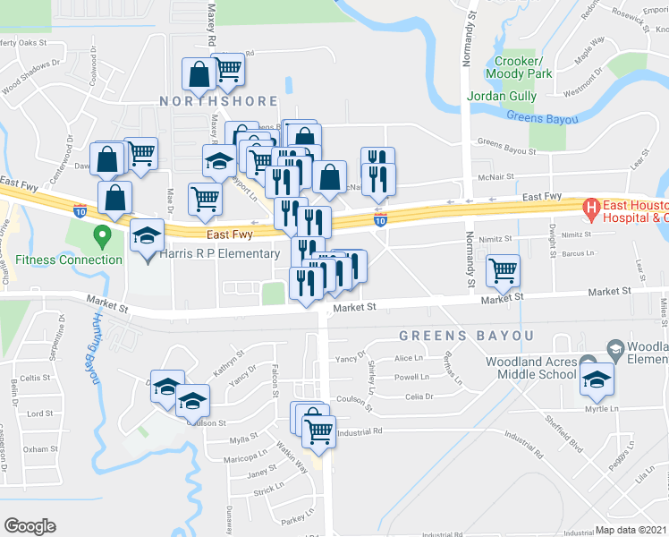 map of restaurants, bars, coffee shops, grocery stores, and more near 1213 Federal Road in Houston