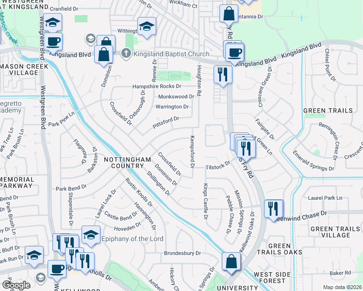 map of restaurants, bars, coffee shops, grocery stores, and more near 1222 Kempsford Drive in Katy