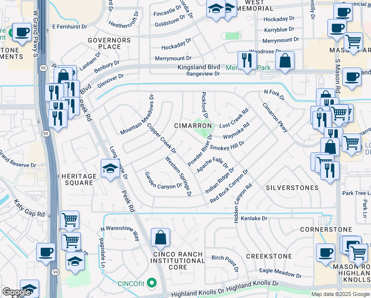 map of restaurants, bars, coffee shops, grocery stores, and more near 910 Arrow Lake Drive in Katy