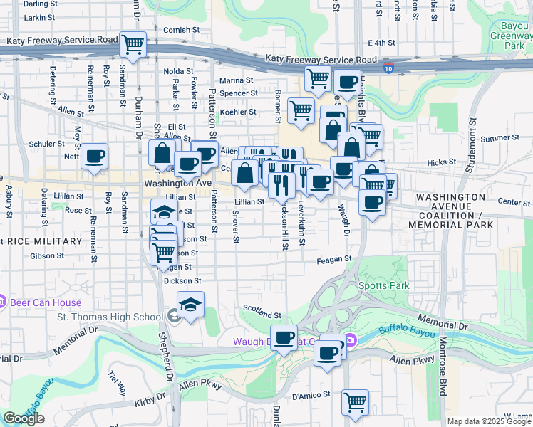 map of restaurants, bars, coffee shops, grocery stores, and more near 816 Olive Street in Houston
