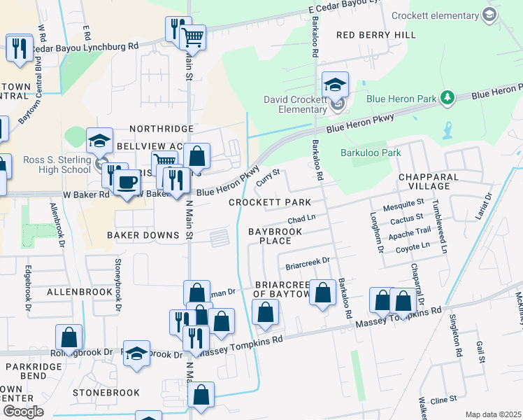 map of restaurants, bars, coffee shops, grocery stores, and more near 4205 Cinnamon Street in Baytown