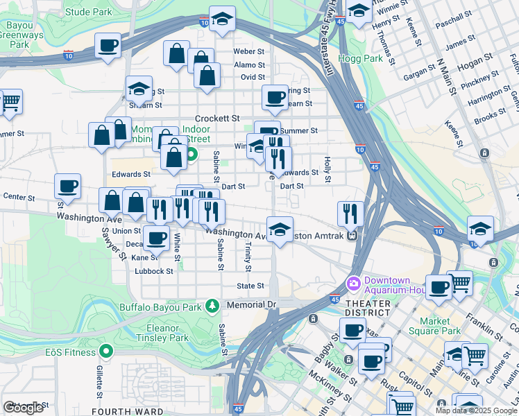 map of restaurants, bars, coffee shops, grocery stores, and more near 77001 Railroad in Houston